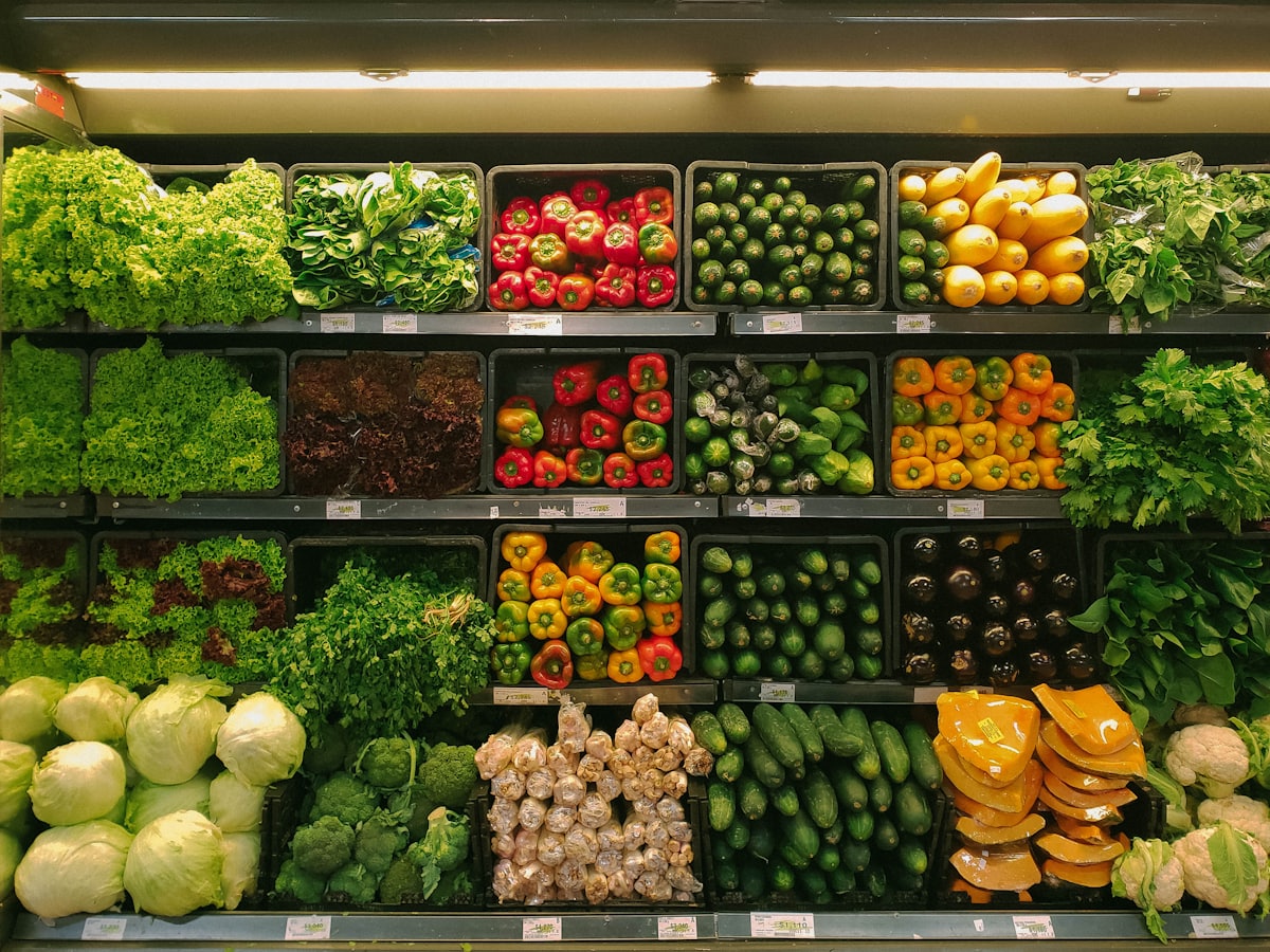 A colorful produce market display of fresh fruit and vegetables